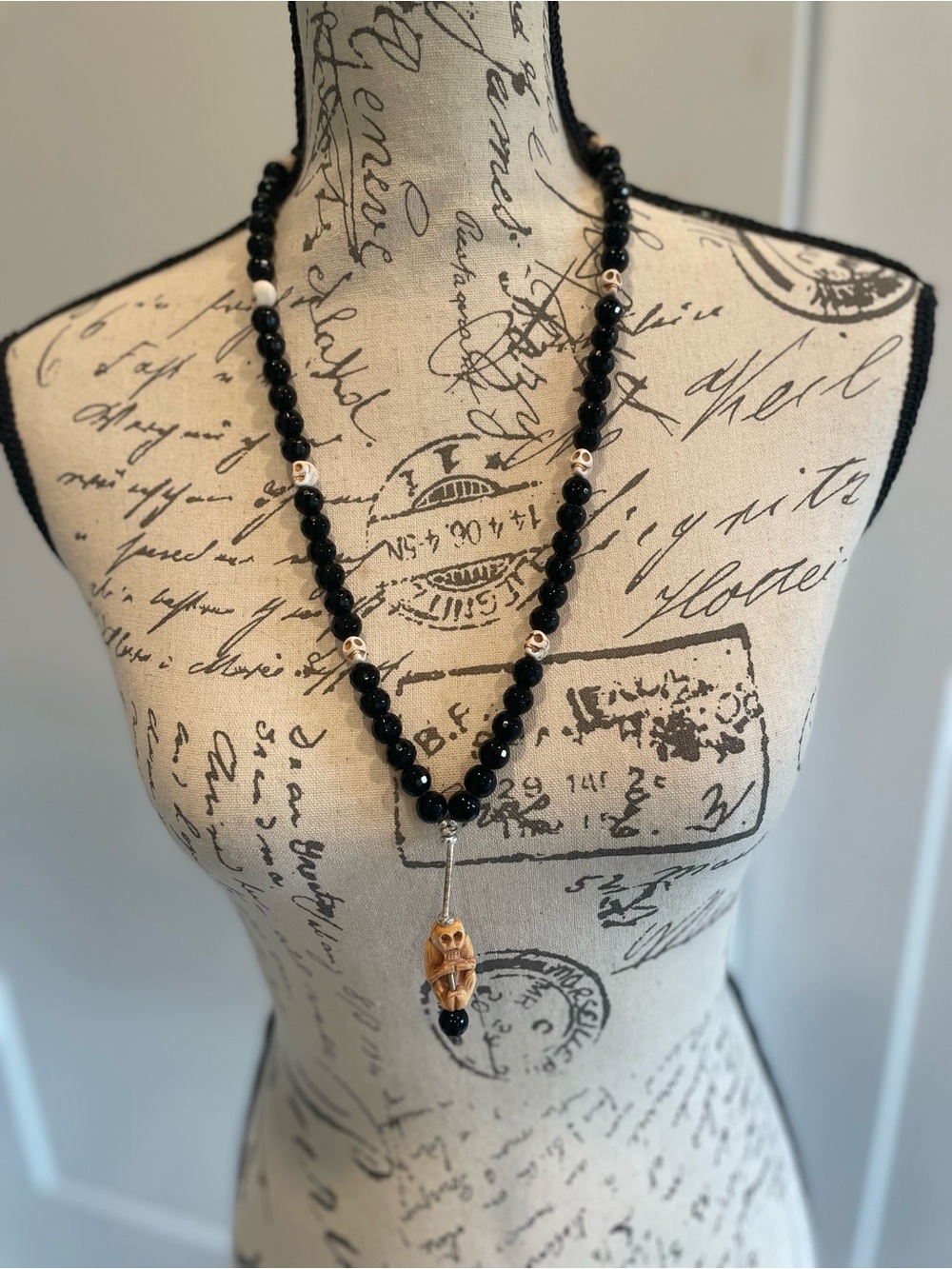 Black Beaded Necklace with Monkey Skull Pendant - Unbranded